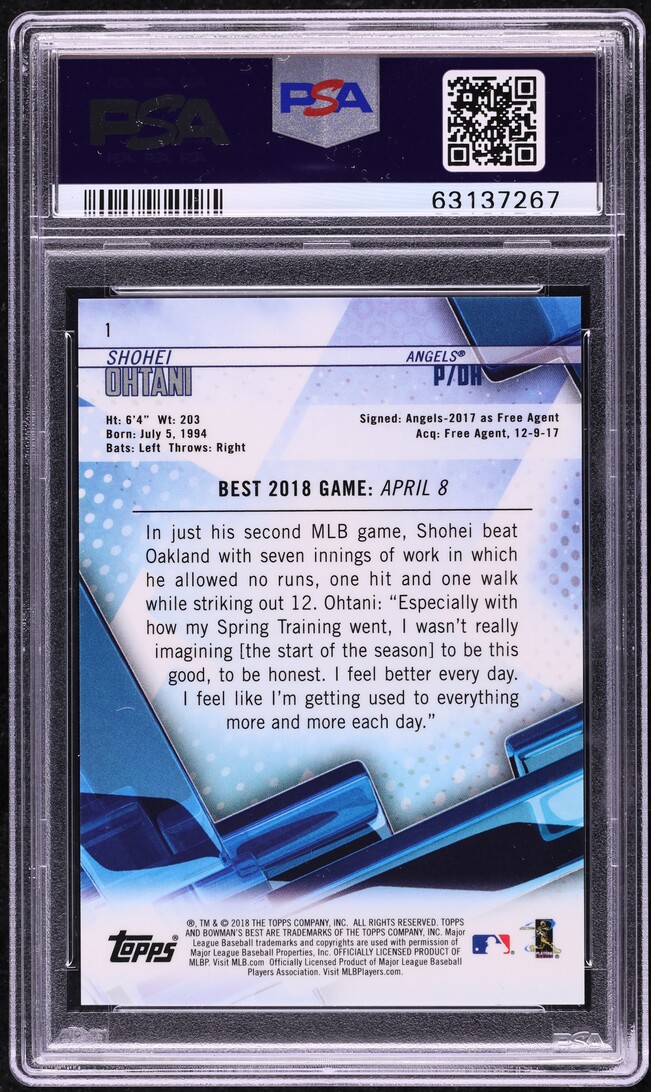 2018 Bowman's Best Gold Refractor Shohei Ohtani ROOKIE /50 #1 PSA 10 GEM MINT