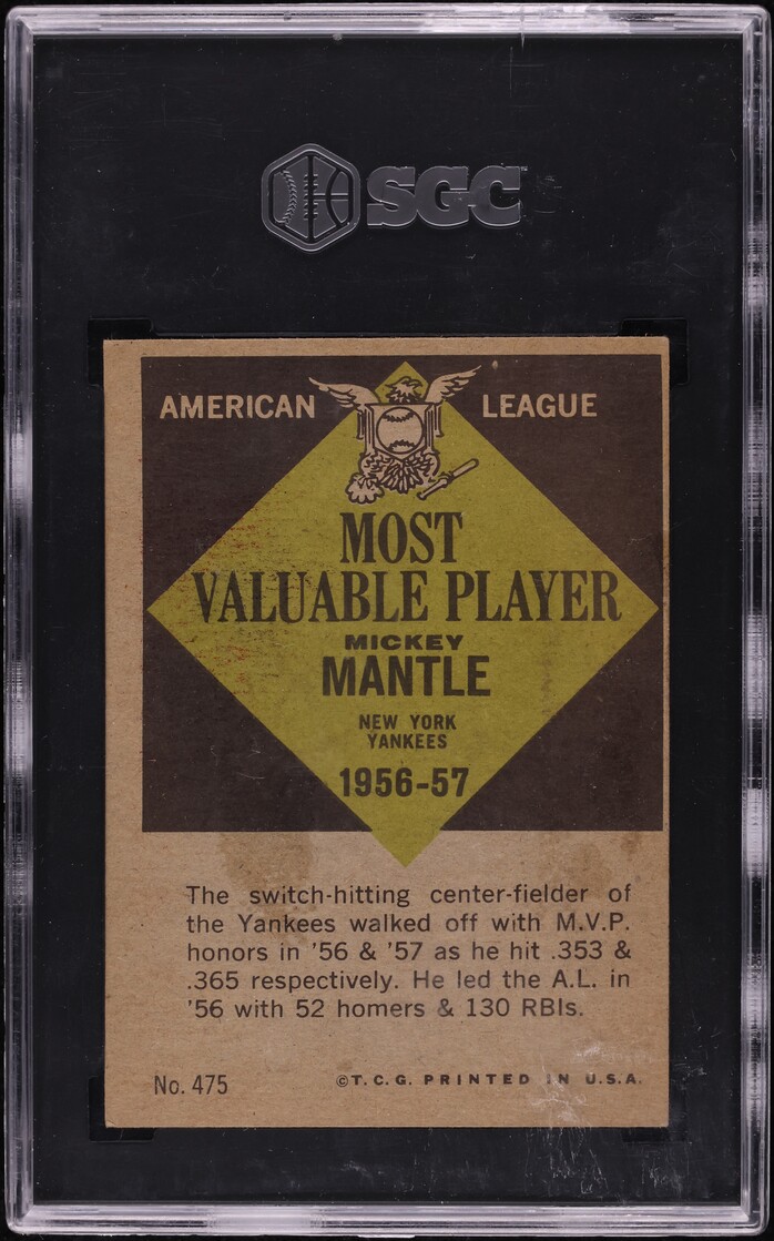 1961 Topps Mickey Mantle MVP #475 SGC 6.5 EXMT+