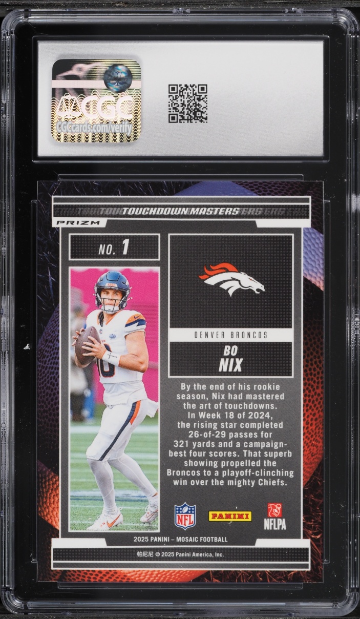2025 Panini Mosaic Touchdown Masters Prizm Orange Fluorescent Bo Nix #1 CGC 10 GEM MINT