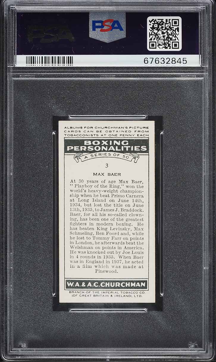1938 Churchman Boxing Personalities Max Baer #3 PSA 9 MINT