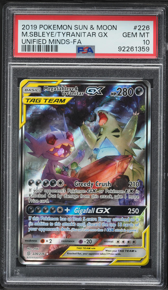 2019 Pokemon SM Unified Minds Full Art Mega Sableye & Tyranitar GX #226 PSA 10