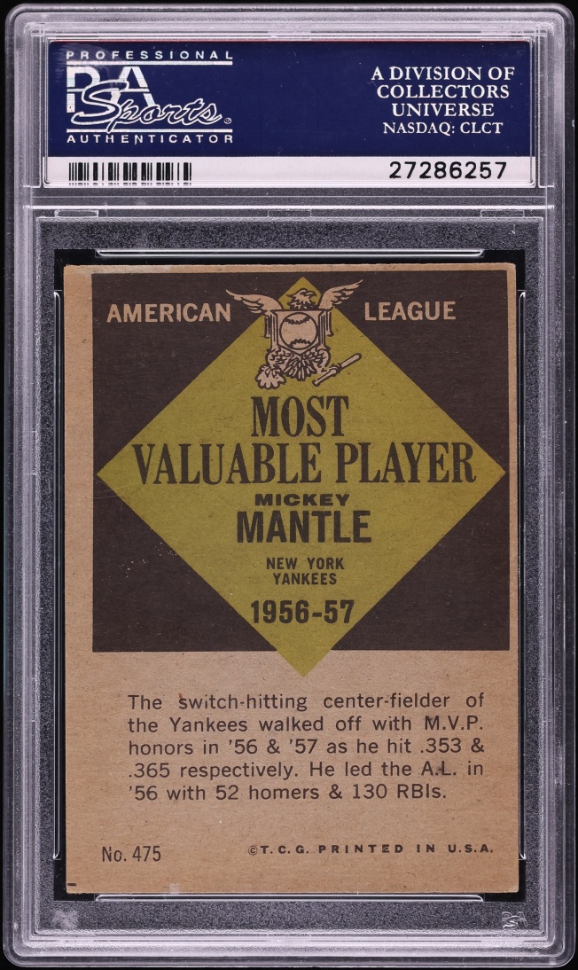 1961 Topps Mickey Mantle MVP #475 PSA 5 EX
