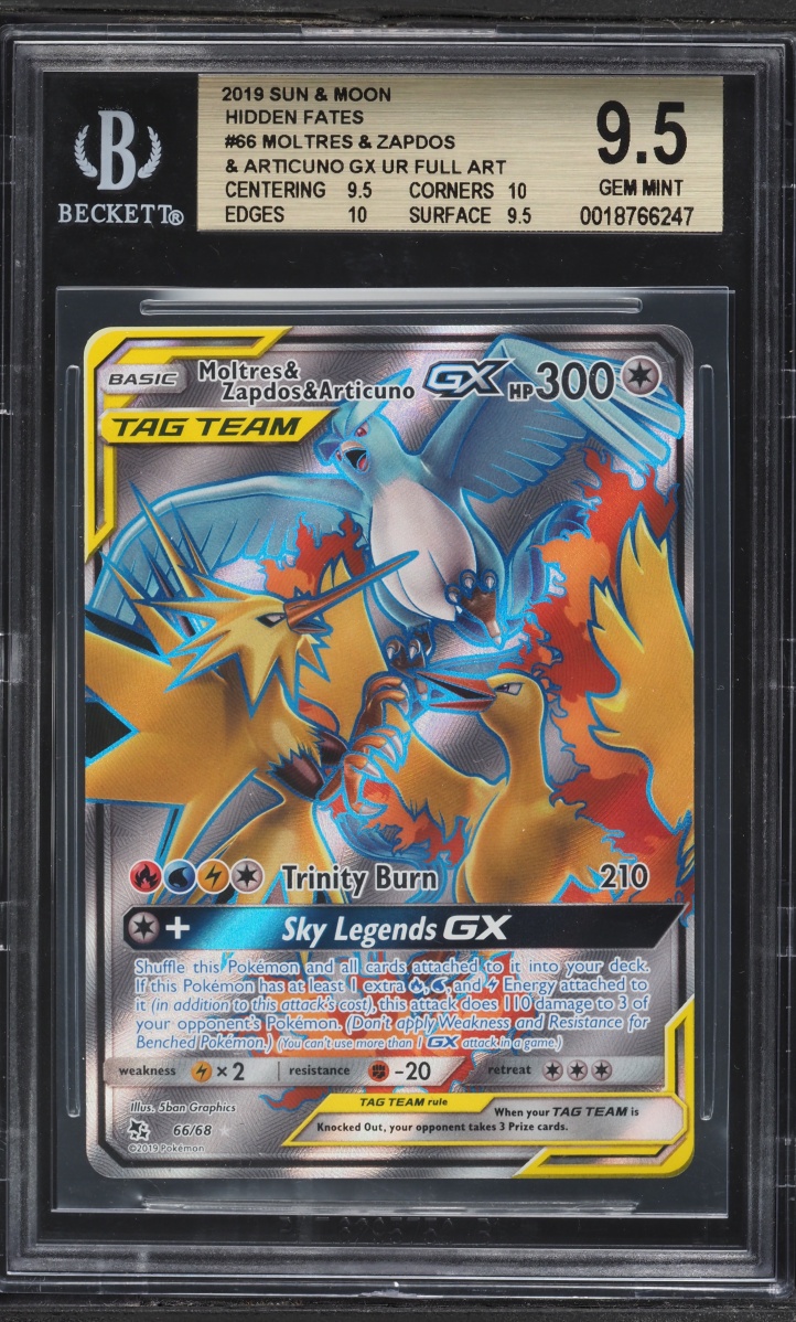 2019 Pokemon SM Hidden Fates Full Art Moltres Zapdos Articuno GX #66 BGS 9.5 GEM MINT
