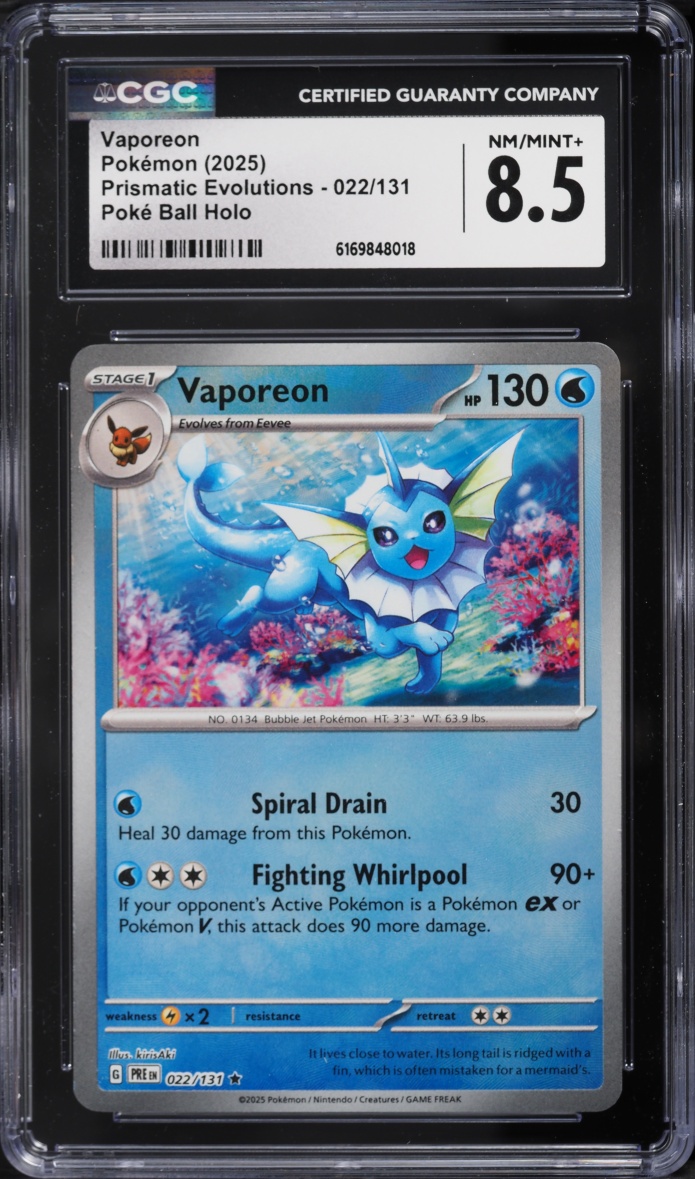 2025 Pokemon SV Prismatic Evolutions Poke Ball Reverse Holo Vaporeon #22 CGC 8.5 NM-MT+