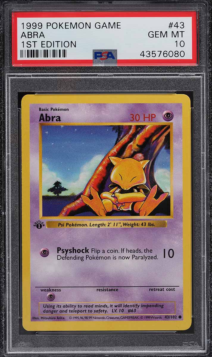 1999 Pokemon Base Set Shadowless 1st Edition Abra #43 PSA 10 GEM MINT