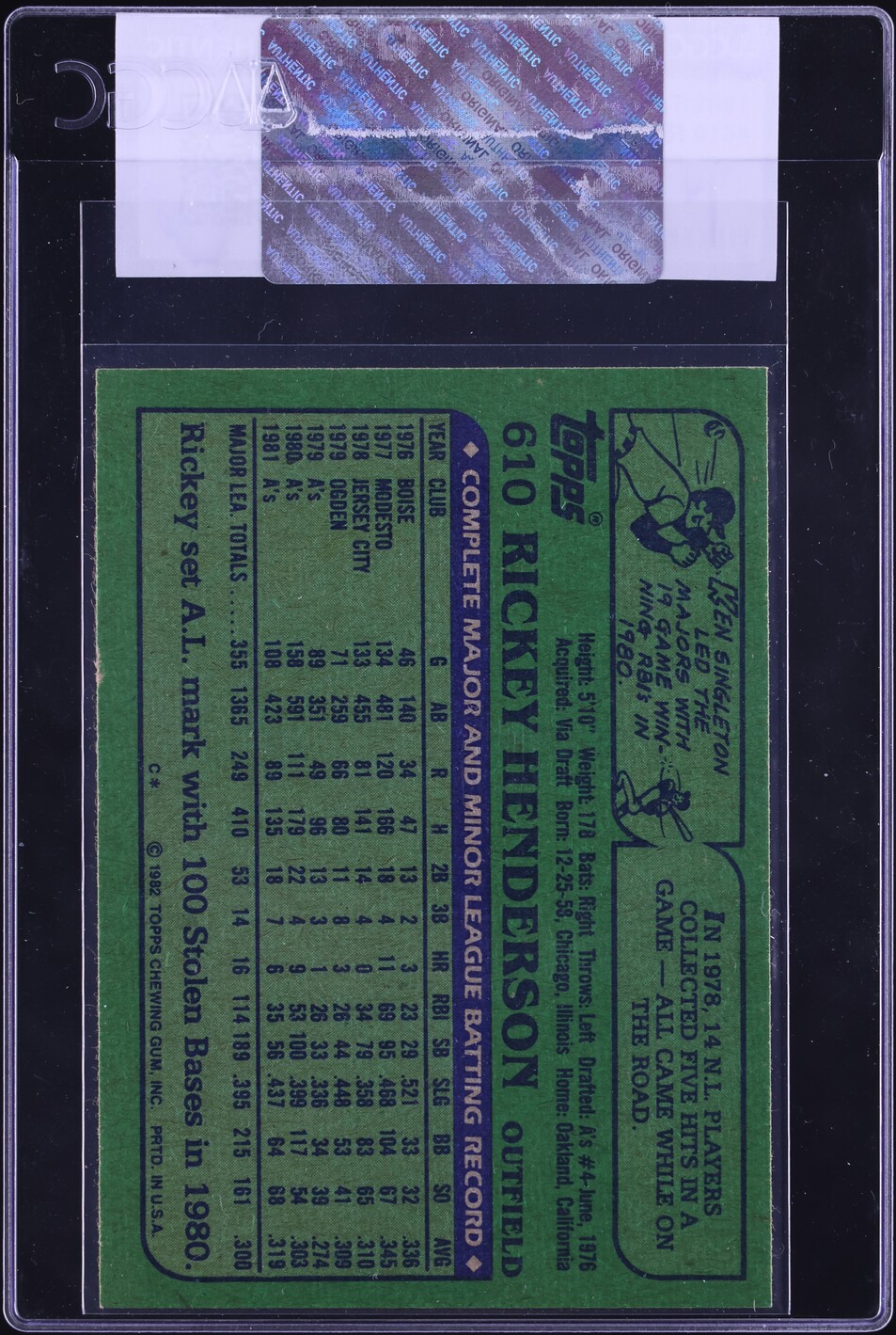 1982 Topps Rickey Henderson #610 CGC AUTH