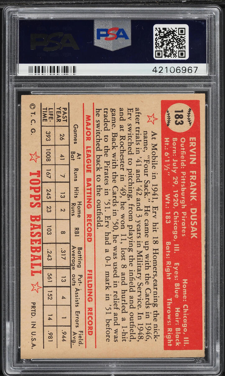 1952 Topps Erv Dusak #183 PSA 7 NRMT