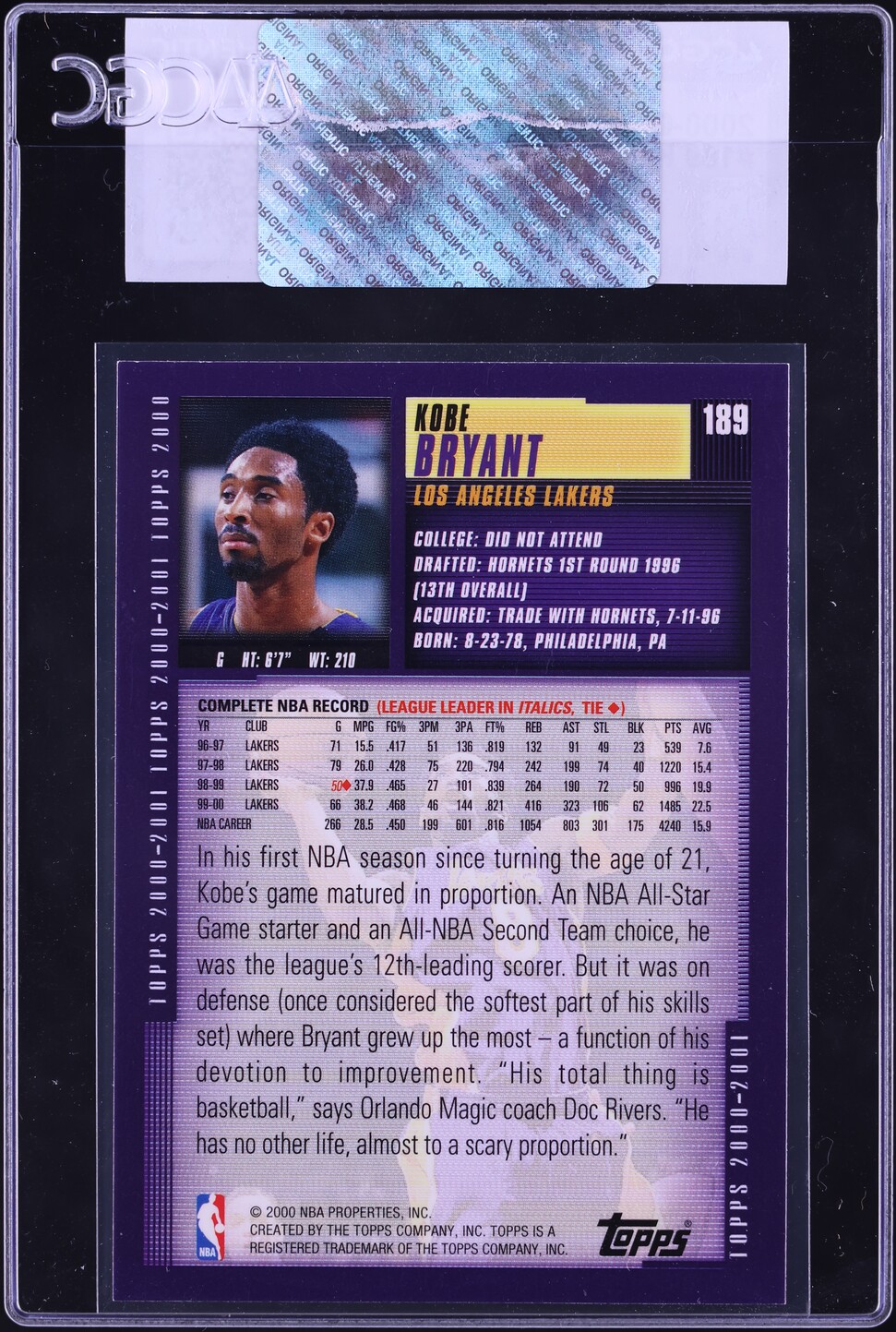 2000 Topps Basketball Kobe Bryant #189 CGC AUTH