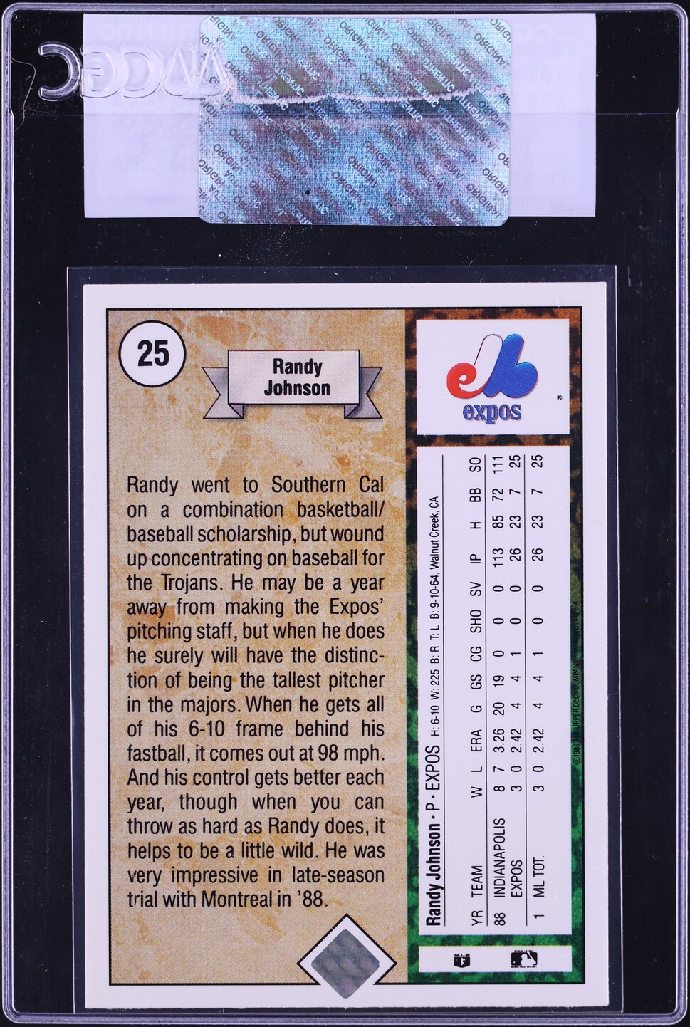 1989 Upper Deck Randy Johnson ROOKIE #25 CGC AUTH