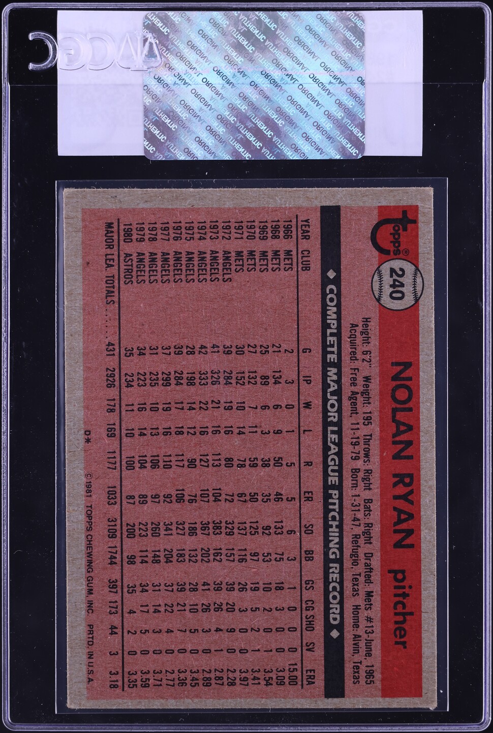 1981 Topps Nolan Ryan #240 CGC AUTH