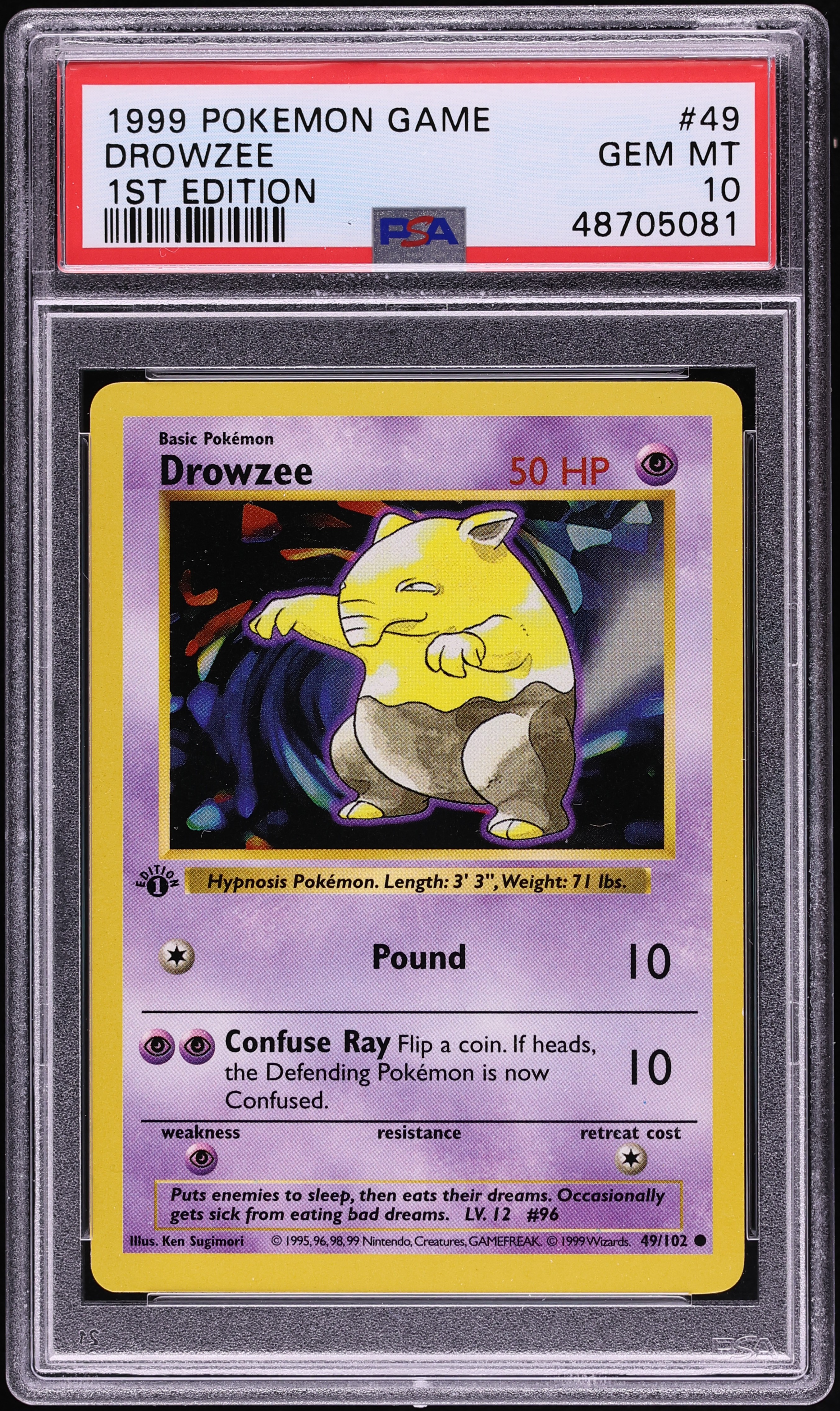 1999 Pokemon Base Set Shadowless 1st Edition Drowzee #49 PSA 10 GEM MINT