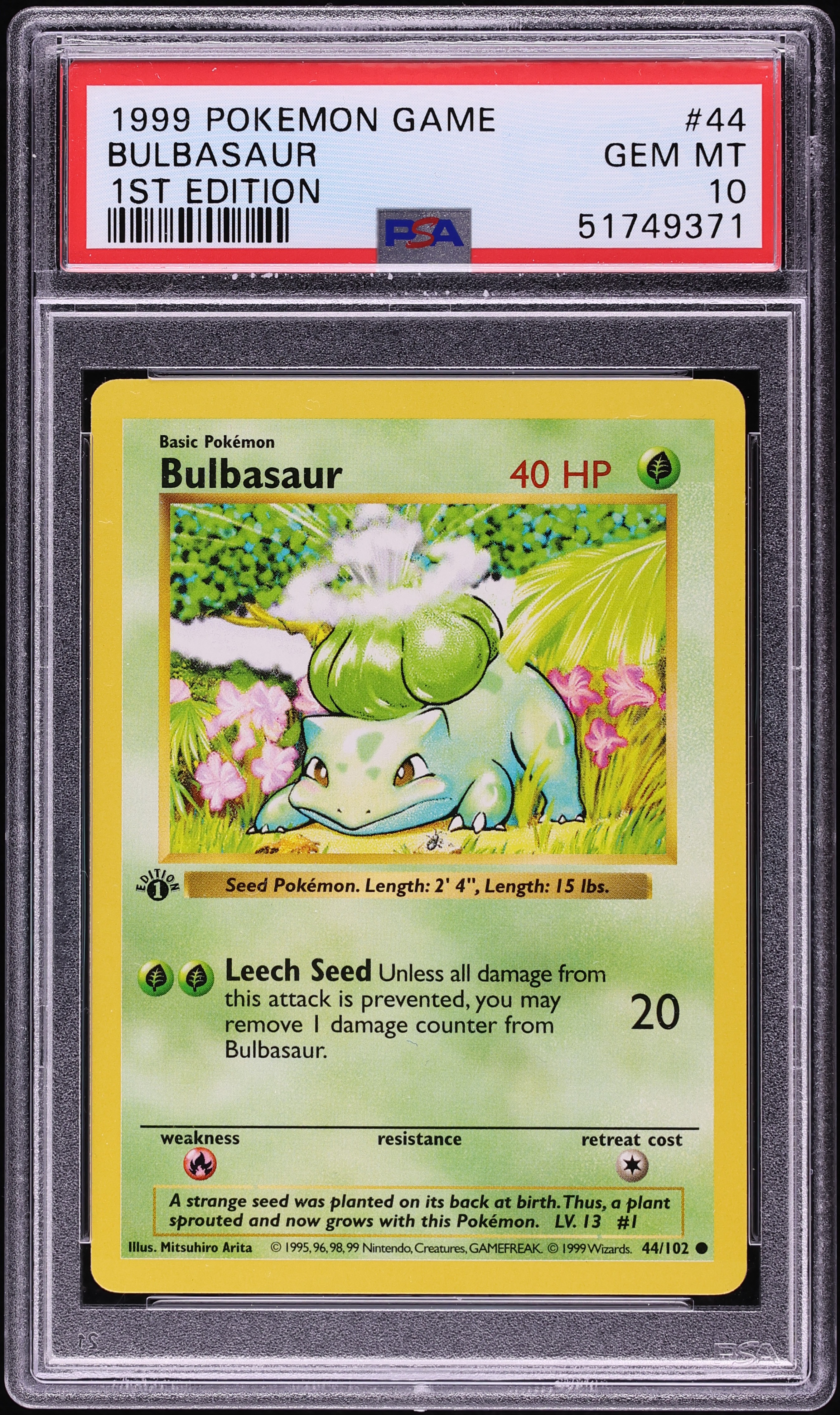 1999 Pokemon Base Set Shadowless 1st Edition Bulbasaur #44 PSA 10 GEM MINT