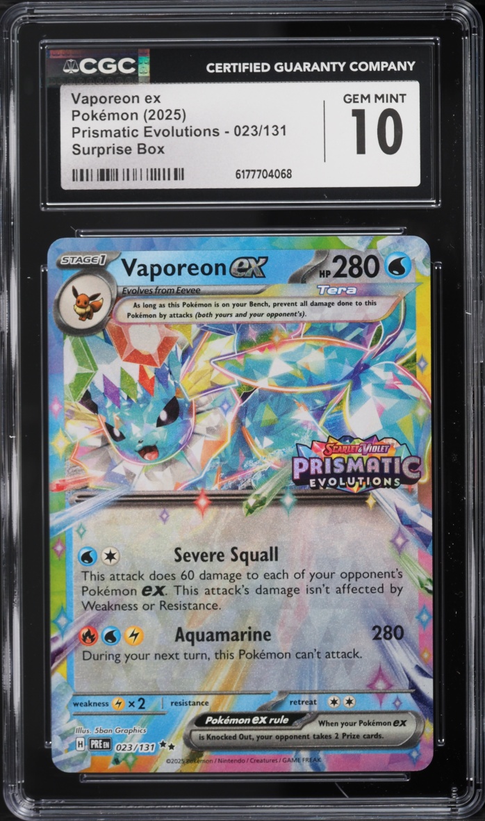 2025 Pokemon Scarlet & Violet Prismatic Evolutions Surprise Box Holo Vaporeon EX #23 CGC 10 GEM