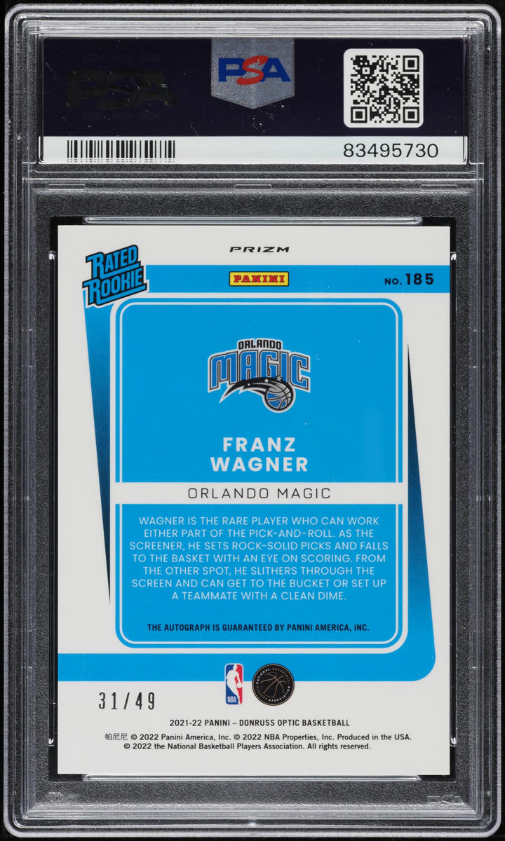 2021 Donruss Optic Blue Franz Wagner ROOKIE AUTO /49 #185 PSA 9 MINT - Photo 2