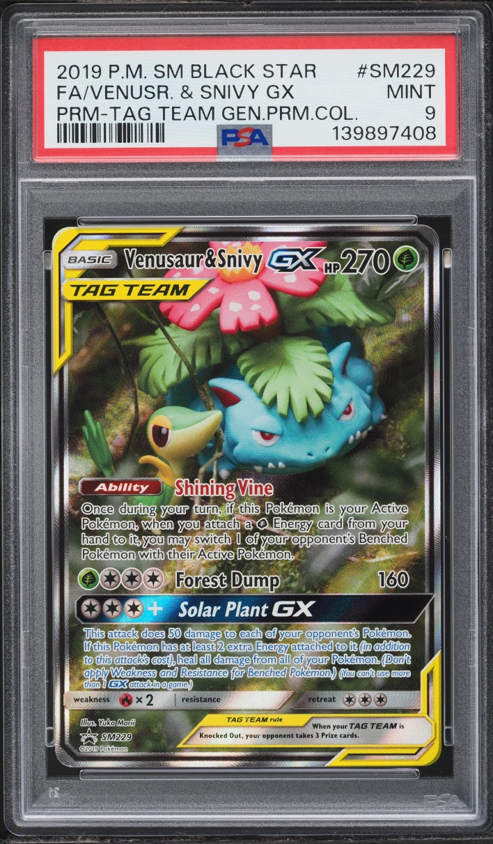 2019 Pokemon SM Promo Tag Team Generations Premium Full Art Venusaur & Snivy GX #SM229 PSA 9