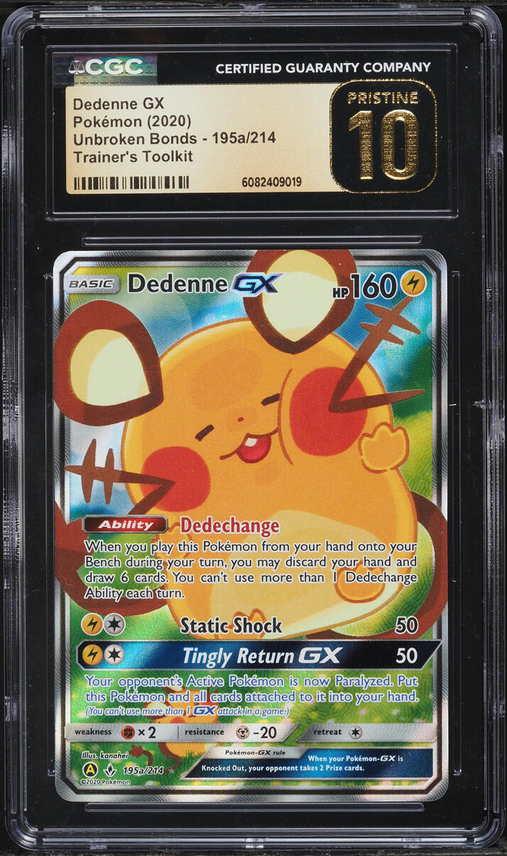 2020 Pokemon SM Unbroken Bonds Trainer's Toolkit Full Art Dedenne GX #195a CGC 10 PRISTINE
