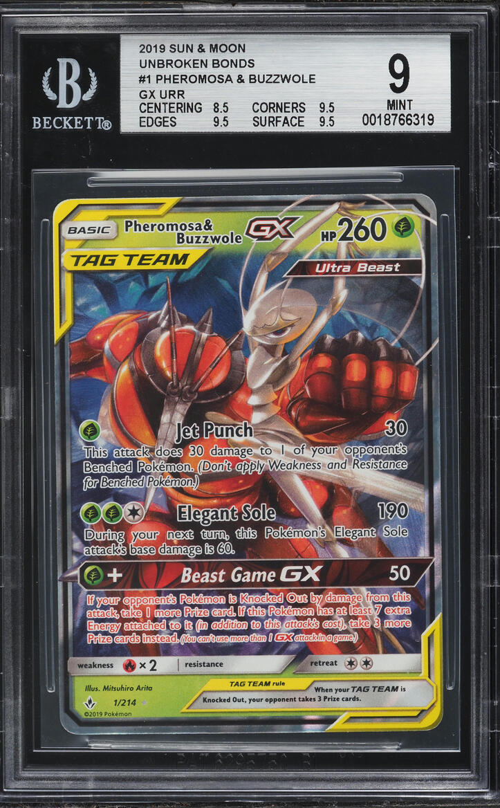 2019 Pokemon Sun & Moon Unbroken Bonds Pheromosa & Buzzwole GX #1 BGS 9 MINT