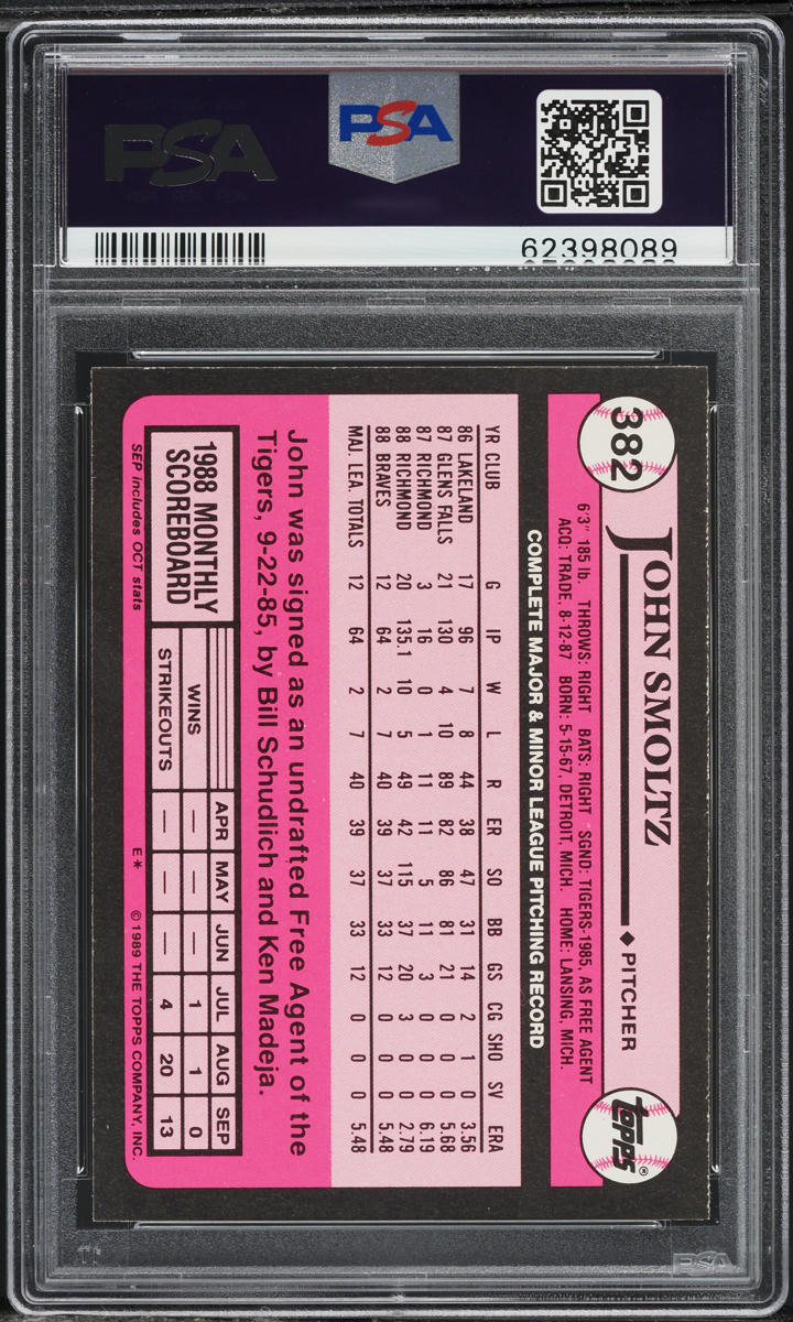 1989 Topps Tiffany John Smoltz ROOKIE #382 PSA 9 MINT
