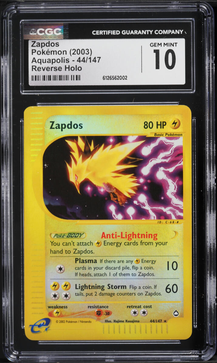 2003 Pokemon Aquapolis Reverse Holo Zapdos #44 CGC 10 GEM MINT