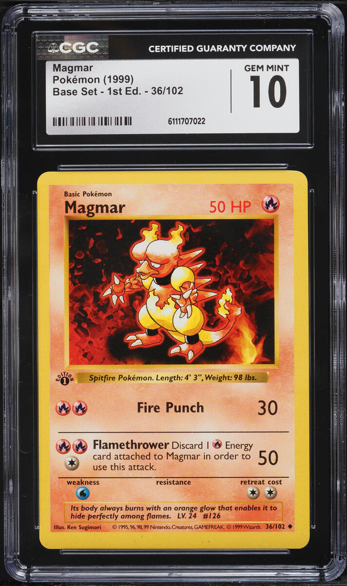 1999 Pokemon Base Set Shadowless 1st Edition Magmar #36 CGC 10 GEM MINT