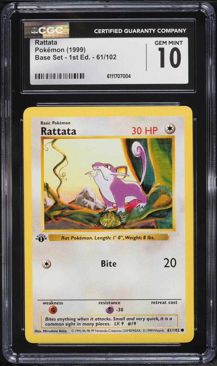 1999 Pokemon Base Set Shadowless 1st Edition Rattata #61 CGC 10 GEM MINT