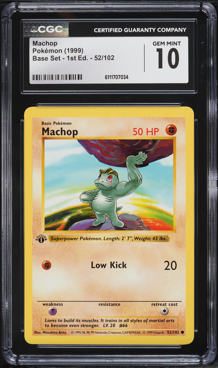 1999 Pokemon Base Set Shadowless 1st Edition Machop #52 CGC 10 GEM MINT