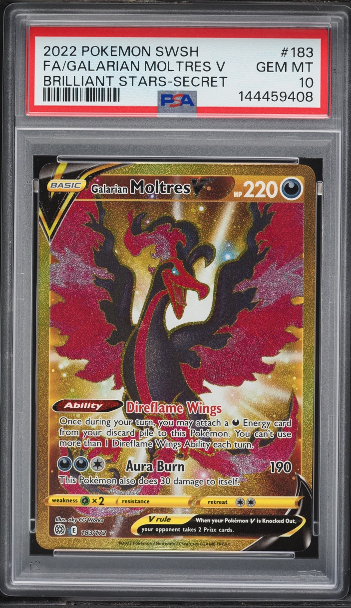 2022 Pokemon Sword & Shield Brilliant Stars Gold Rare Galarian Moltres V #183 PSA 10 GEM MINT