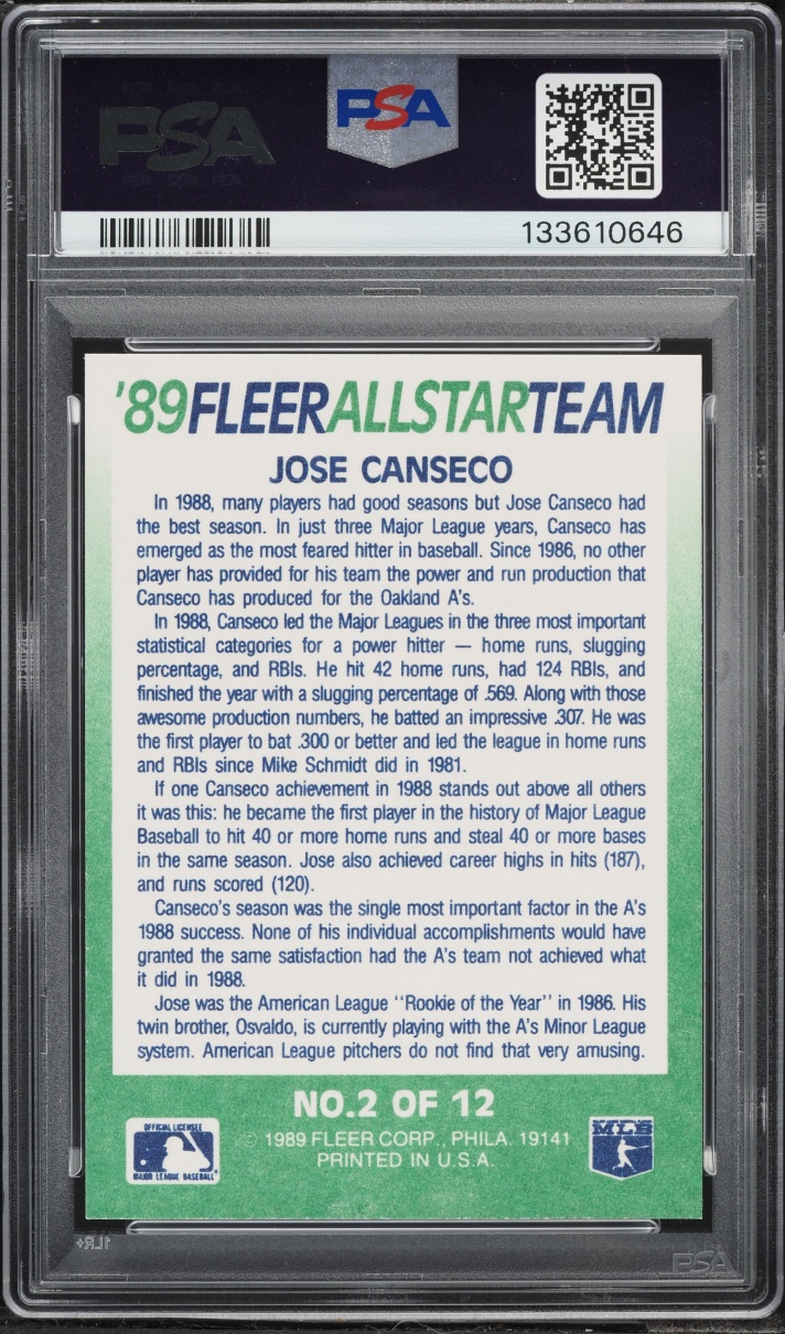 1989 Fleer All-Stars Jose Canseco #2 PSA 10 GEM MINT
