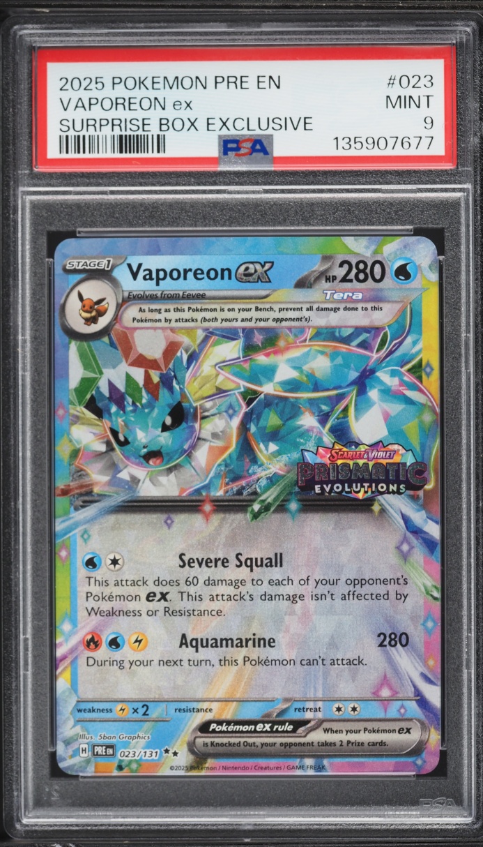 2025 Pokemon Scarlet & Violet Prismatic Evolutions Surprise Box Holo Vaporeon ex #23 PSA 9 MINT