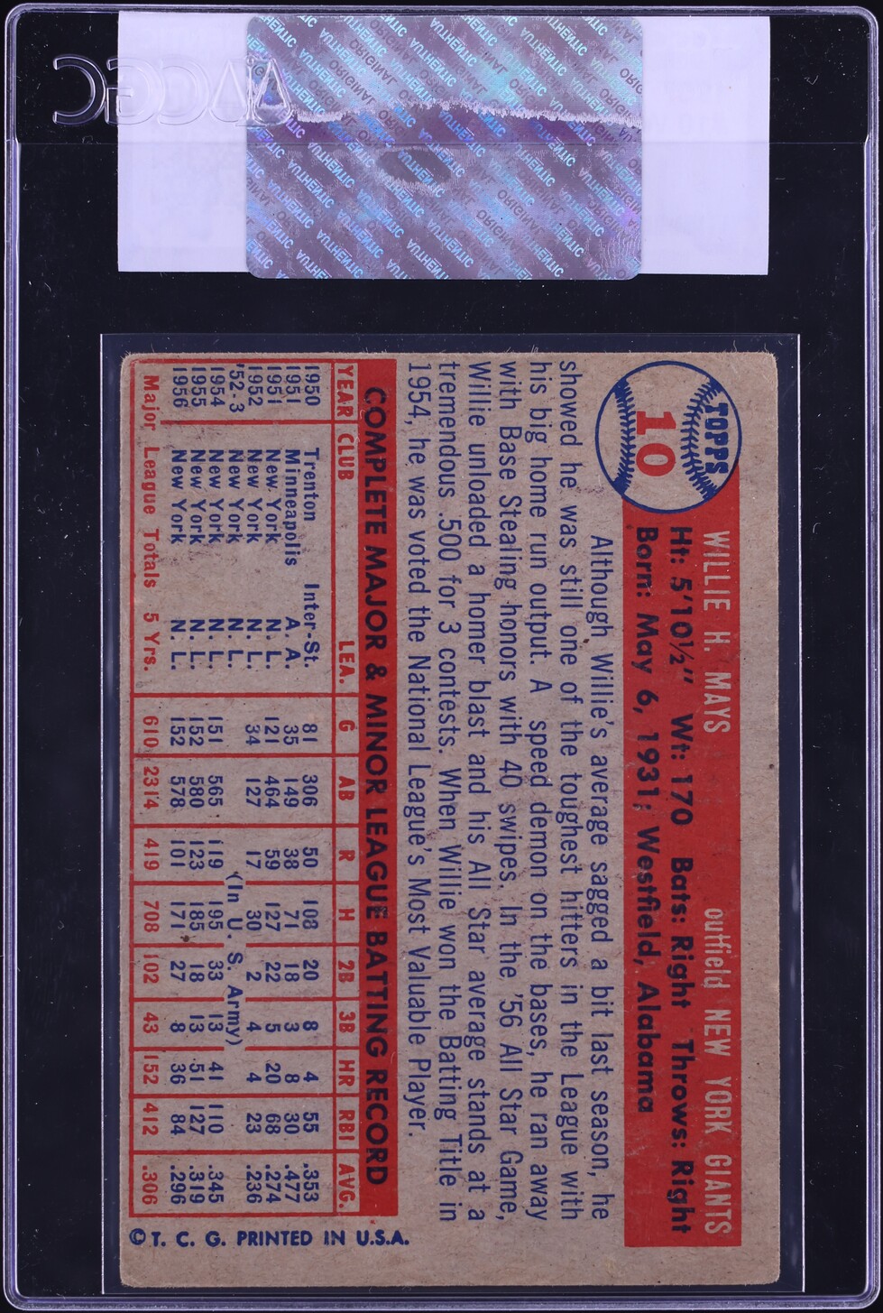 1957 Topps Willie Mays #10 CGC AUTH