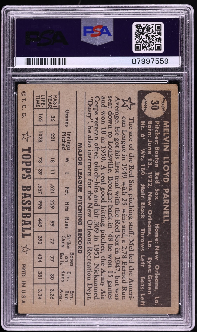 1952 Topps Mel Parnell BLACK BACK #30 PSA 3 VG
