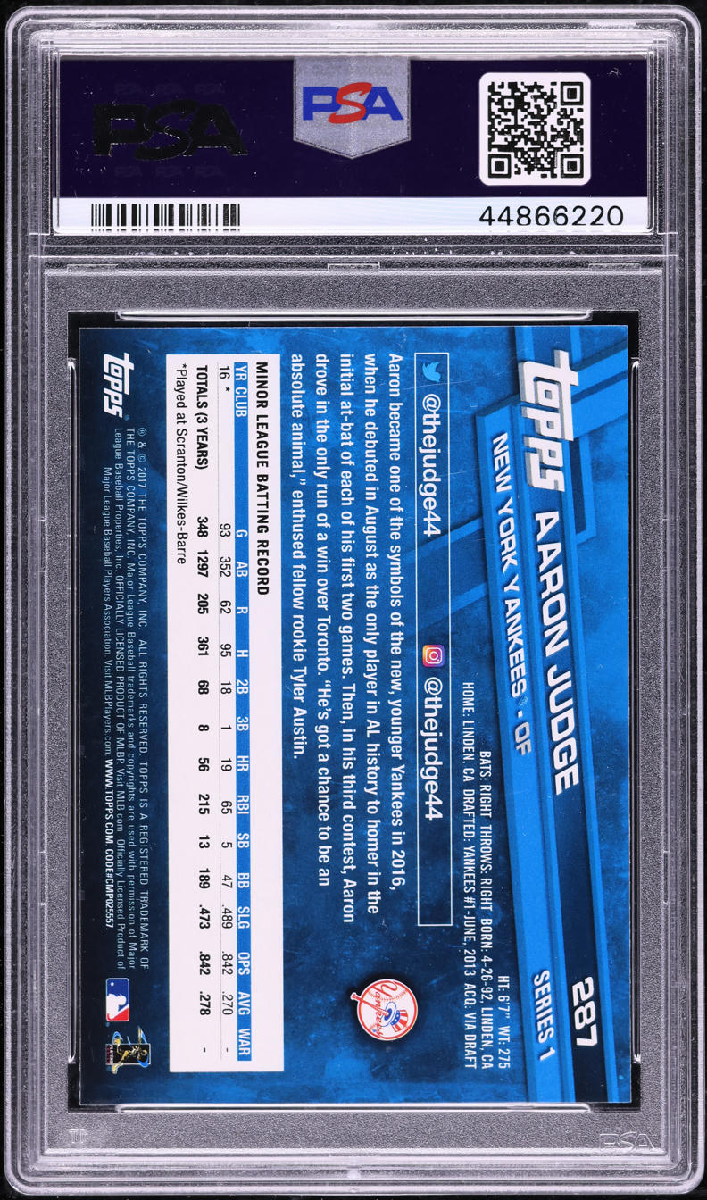 2017 Topps Aaron Judge ROOKIE #287 PSA 10 GEM MINT