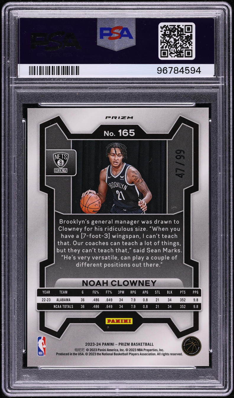 2023 Panini Prizm Purple Noah Clowney ROOKIE /99 #165 PSA 9 MINT