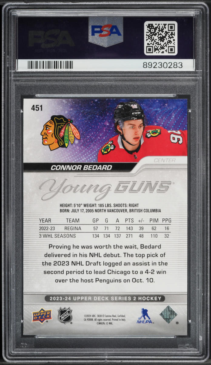 2023 Upper Deck Young Guns Connor Bedard ROOKIE #451 PSA 10 GEM MINT