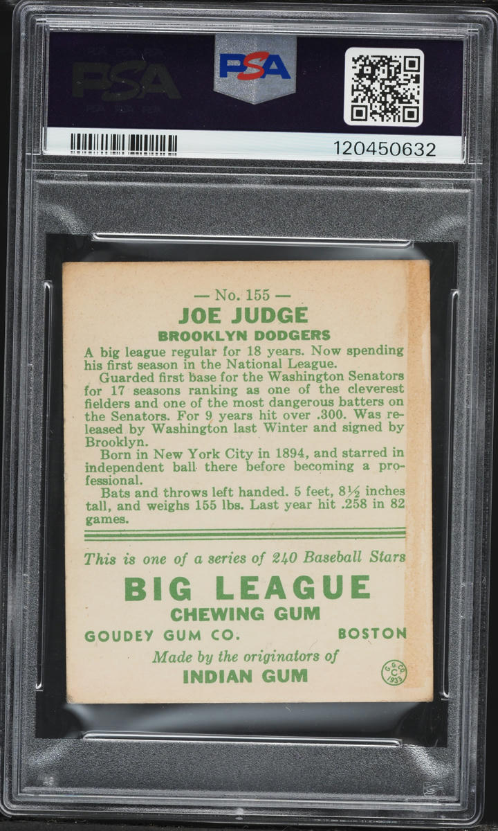 1933 Goudey Joe Judge #155 PSA 2 GD