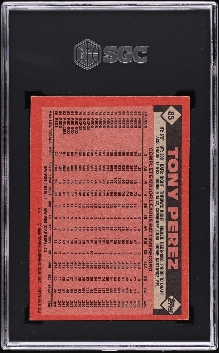 1986 Topps Tony Perez #85 SGC 4 VGEX