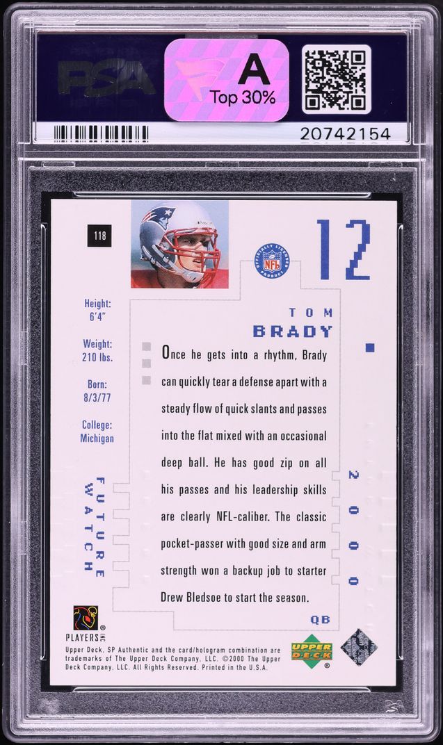 2000 SP Authentic Tom Brady ROOKIE /1250 #118 PSA 10 GEM MINT - Photo 2