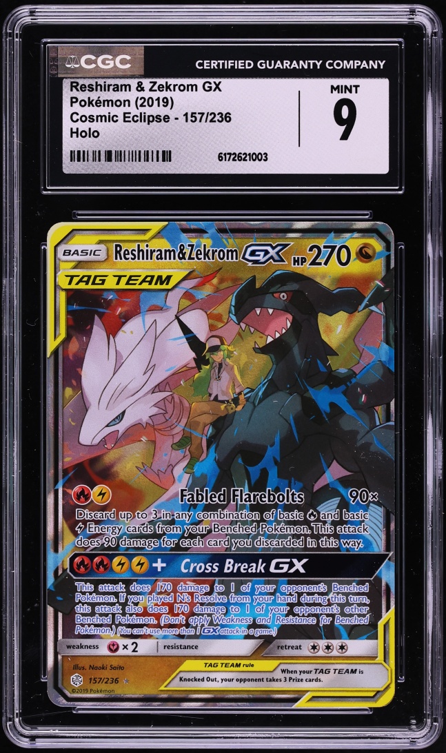 2019 Pokemon Sun & Moon Cosmic Eclipse Holo Reshiram & Zekrom GX #157 CGC 9 MINT