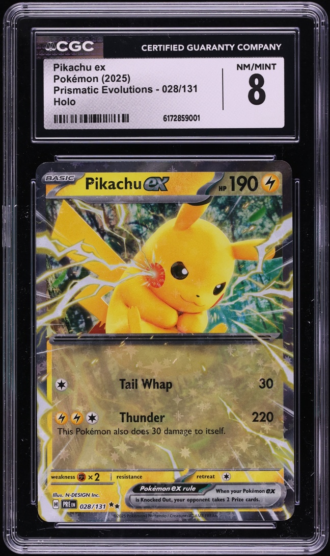 2025 Pokemon Scarlet & Violet Prismatic Evolutions Holo Pikachu Ex #28 CGC 8 NM-MT