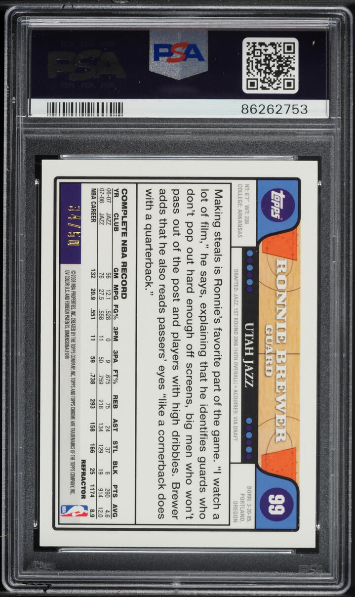 2008 Topps Chrome Gold Refractor Ronnie Brewer /50 #99 PSA 9 MINT