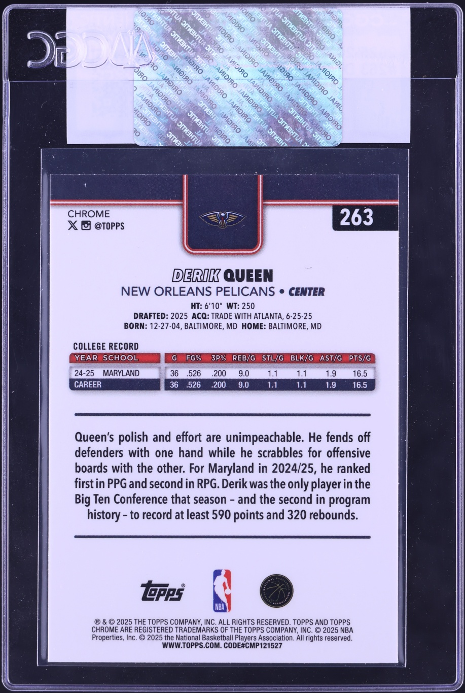 2025 Topps Chrome Derik Queen ROOKIE #263 CGC AUTH