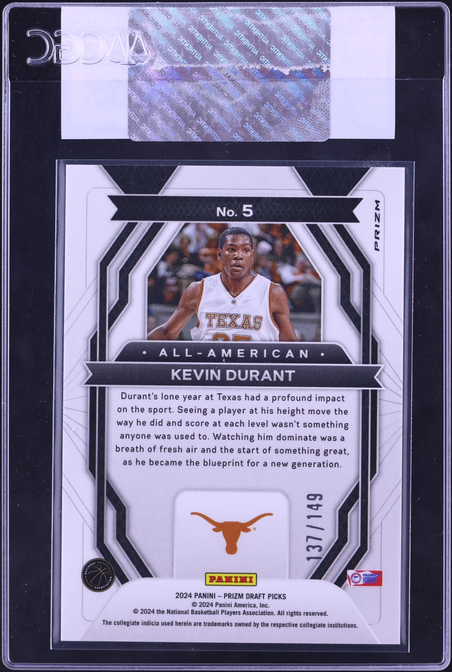 2024 Panini Prizm Draft Picks All-American Purple Ice Kevin Durant /149 #5 CGC AUTH
