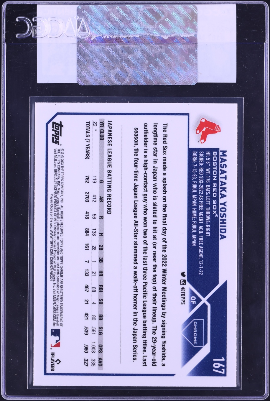 2023 Topps Chrome Xfractor Masataka Yoshida ROOKIE #167 CGC AUTH