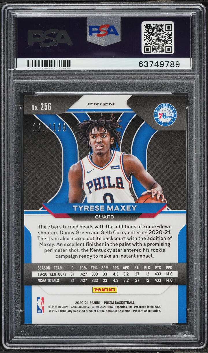 2020 Panini Prizm Blue Tyrese Maxey ROOKIE /199 #256 PSA 9 MINT
