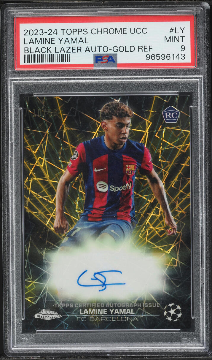 2023 Topps Chrome UEFA CC Black Lazer Gold Refractor Lamine Yamal ROOKIE AUTO JSY # 10/50 PSA 9