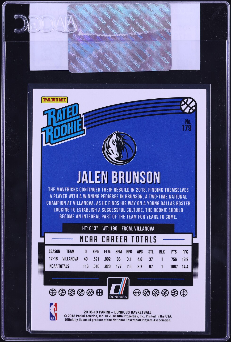 2018 Donruss Basketball Jalen Brunson ROOKIE #179 CGC AUTH