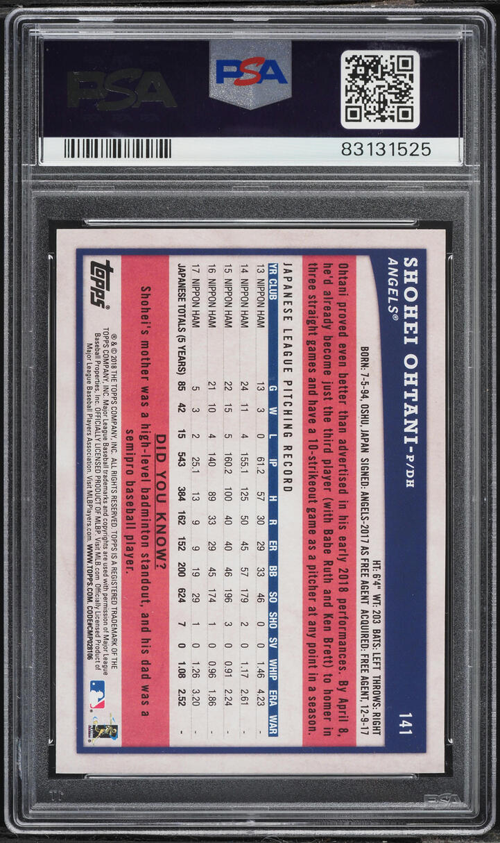2018 Topps Big League Gold Shoei Ohtani ROOKIE #141 PSA 9 MINT