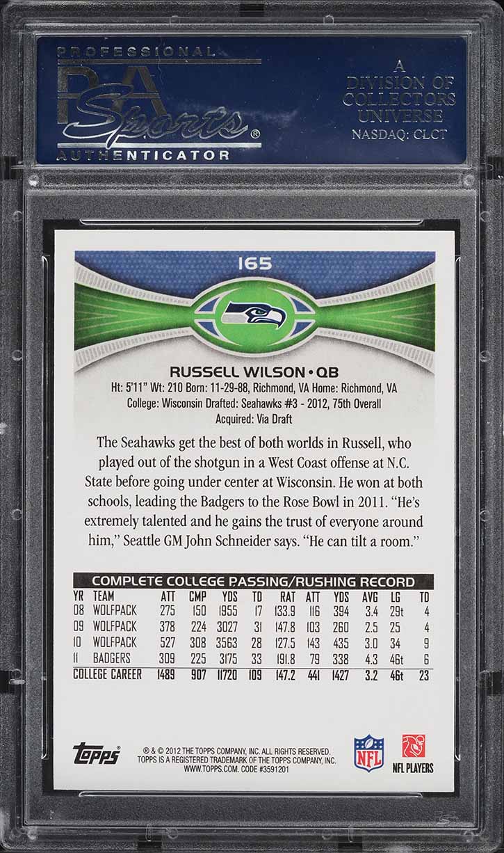 2012 Topps Football Russell Wilson ROOKIE #165 PSA 10 GEM MINT