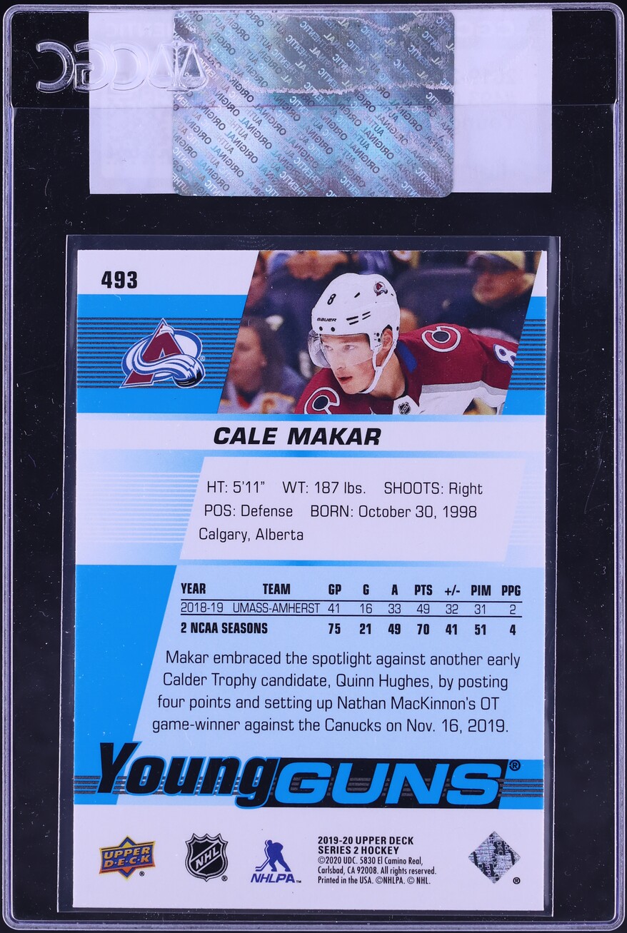 2019 Upper Deck Young Guns Cale Makar ROOKIE #493 CGC AUTH