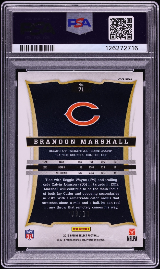 2013 Select Gold Prizm Brandon Marshall /10 #71 PSA 10 GEM MINT - Photo 2